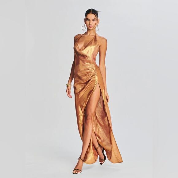 RETROFETE Cleo Silk Chiffon Maxi Dress Nude Glitter Adjustable Halter Side Slit - Picture 3 of 10